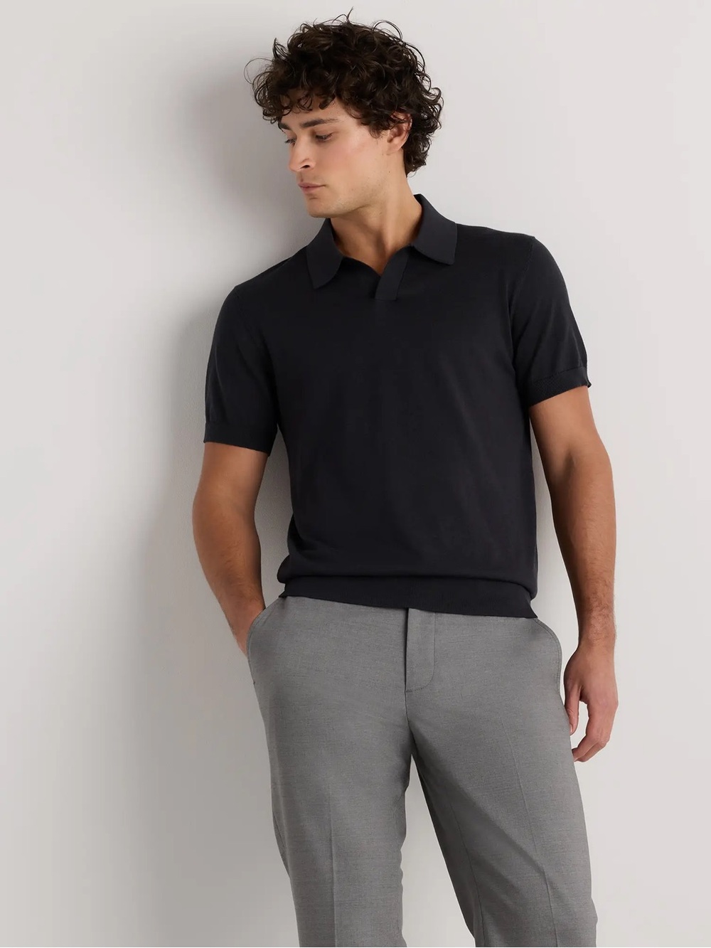 NWOT Quince Cotton-Silk Johnny Collar Polo XL Charcoal Black Preppy Casual